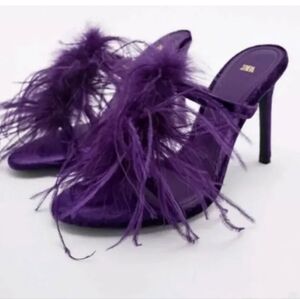 ZARA feathered velvet heeled sandals.